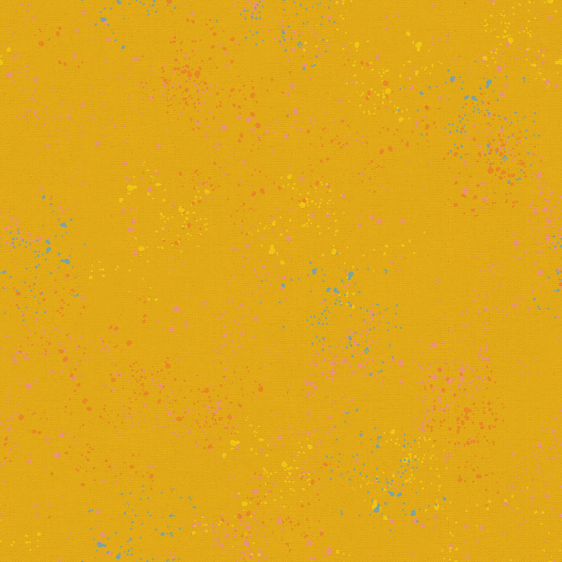 Ruby Star Society Speckled Splatter Paint Goldenrod cotton linen canvas featuring coral, pink, turquoise, yellow, and tonal speckles on a vibrant goldenrod background by Rashida Coleman-Hale for Moda Fabrics.