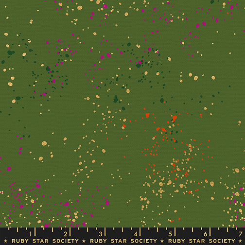 Ruby Star Society Speckled Splatter Paint Sarah Metallic cotton linen canvas featuring metallic gold, fuchsia, orange, and green speckles on an olive green background by Rashida Coleman-Hale for Moda Fabrics.