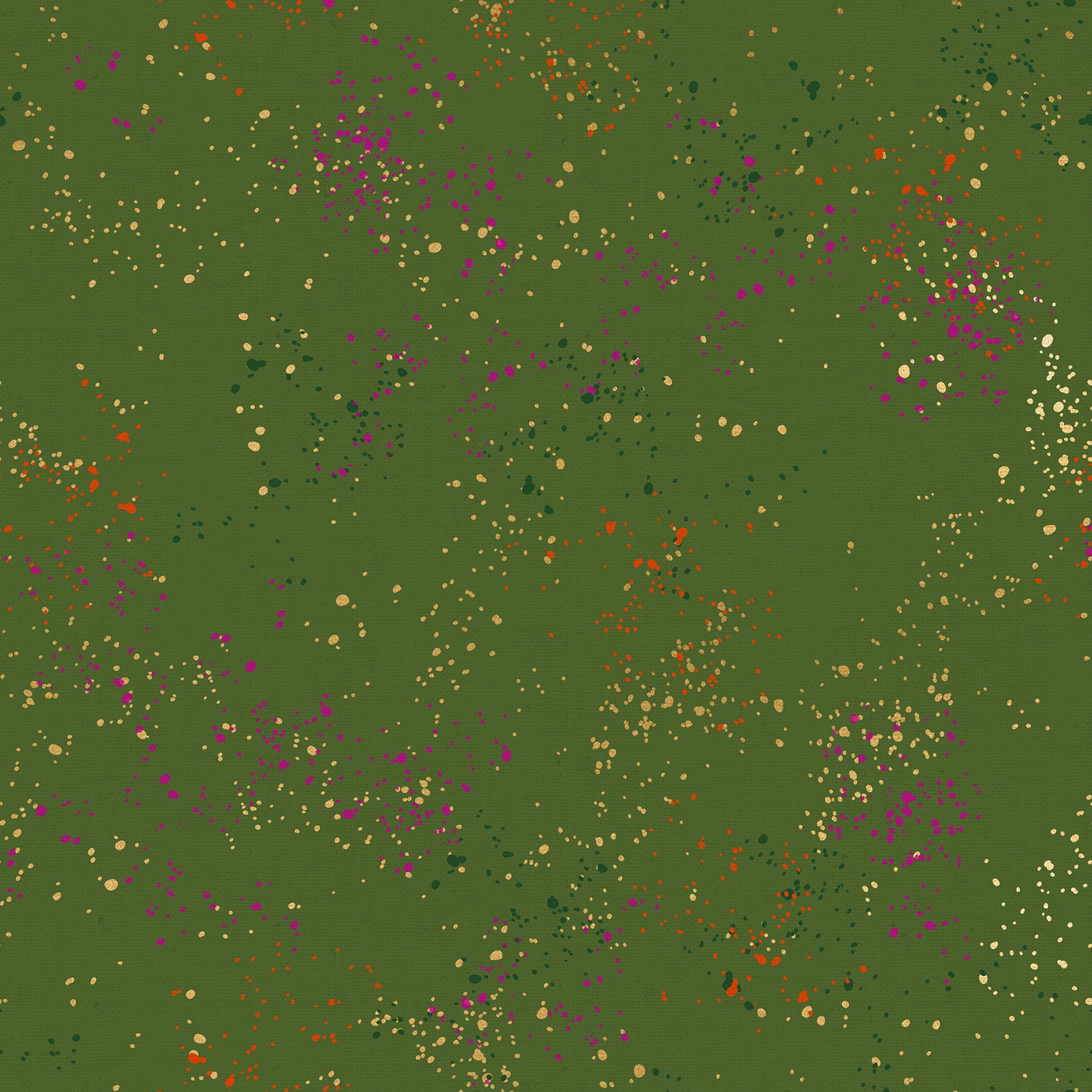 Ruby Star Society Speckled Splatter Paint Sarah Metallic cotton linen canvas featuring metallic gold, fuchsia, orange, and green speckles on an olive green background by Rashida Coleman-Hale for Moda Fabrics.