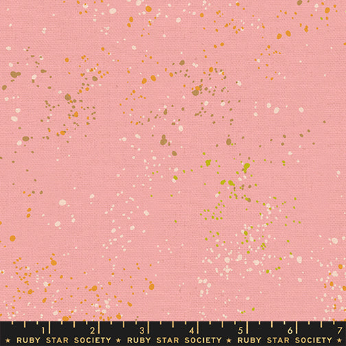 Ruby Star Society Speckled Splatter Paint Balmy cotton linen canvas featuring peach, lime green, ivory, and tan speckles on a soft blush pink background by Rashida Coleman-Hale for Moda Fabrics.