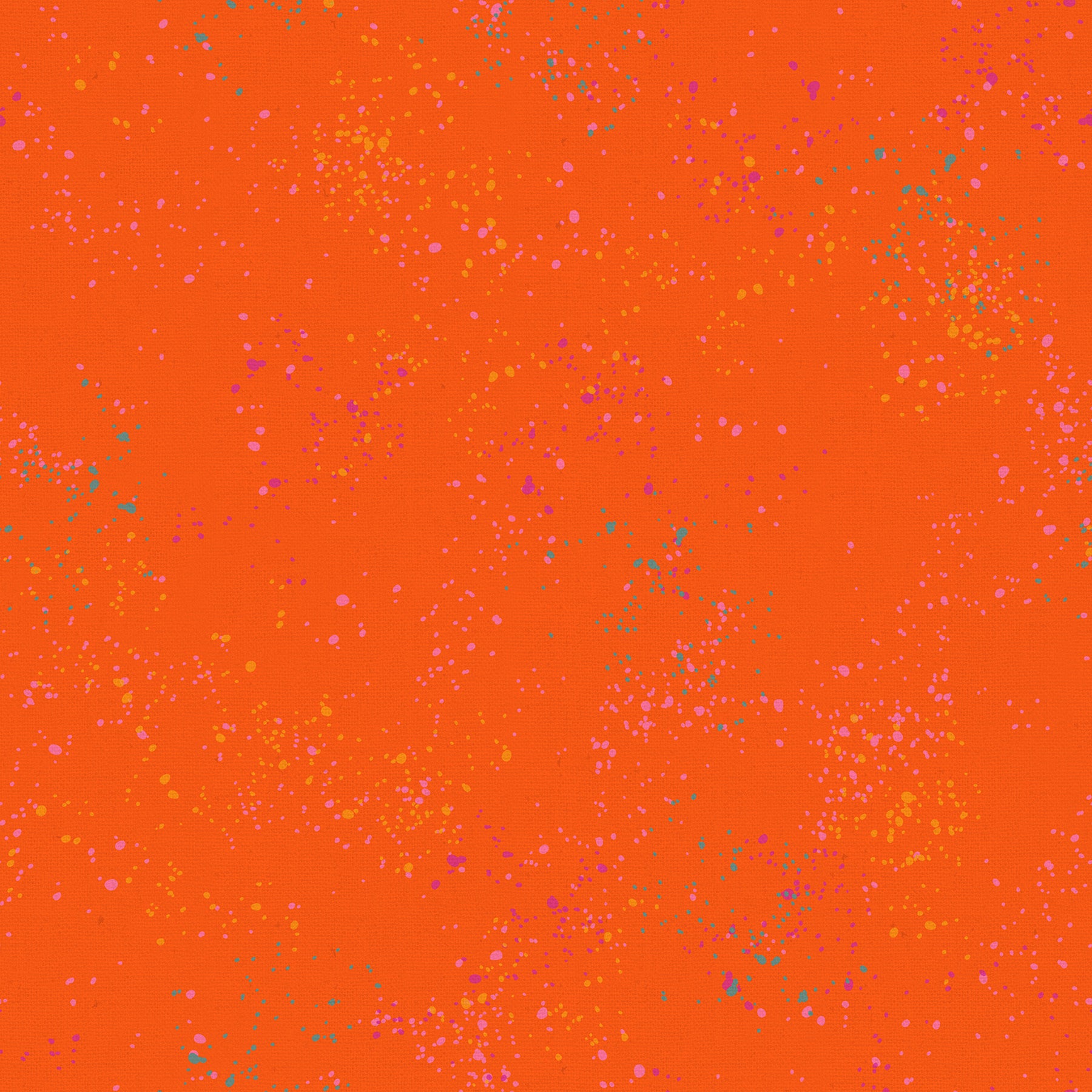 Ruby Star Society Speckled Splatter Paint Goldfish cotton linen canvas featuring turquoise, lavender, coral, and golden paint splatters on a vibrant goldfish orange background by Rashida Coleman-Hale for Moda Fabrics.