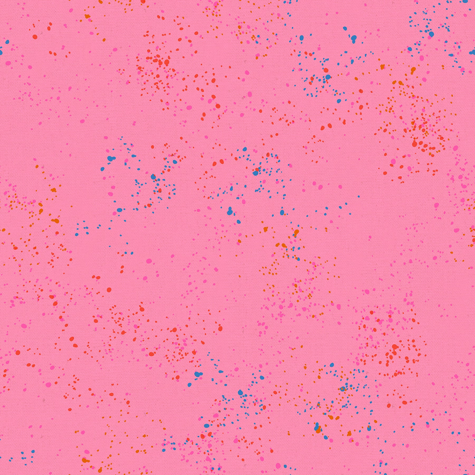 Ruby Star Society Speckled Splatter Paint Flamingo cotton linen canvas featuring turquoise, coral, and pink paint splatters on a bright flamingo pink background by Rashida Coleman-Hale for Moda Fabrics.