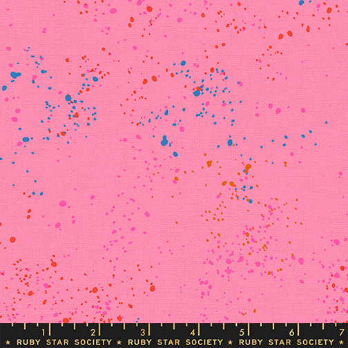 Ruby Star Society Speckled Splatter Paint Flamingo cotton linen canvas featuring turquoise, coral, and pink paint splatters on a bright flamingo pink background by Rashida Coleman-Hale for Moda Fabrics.