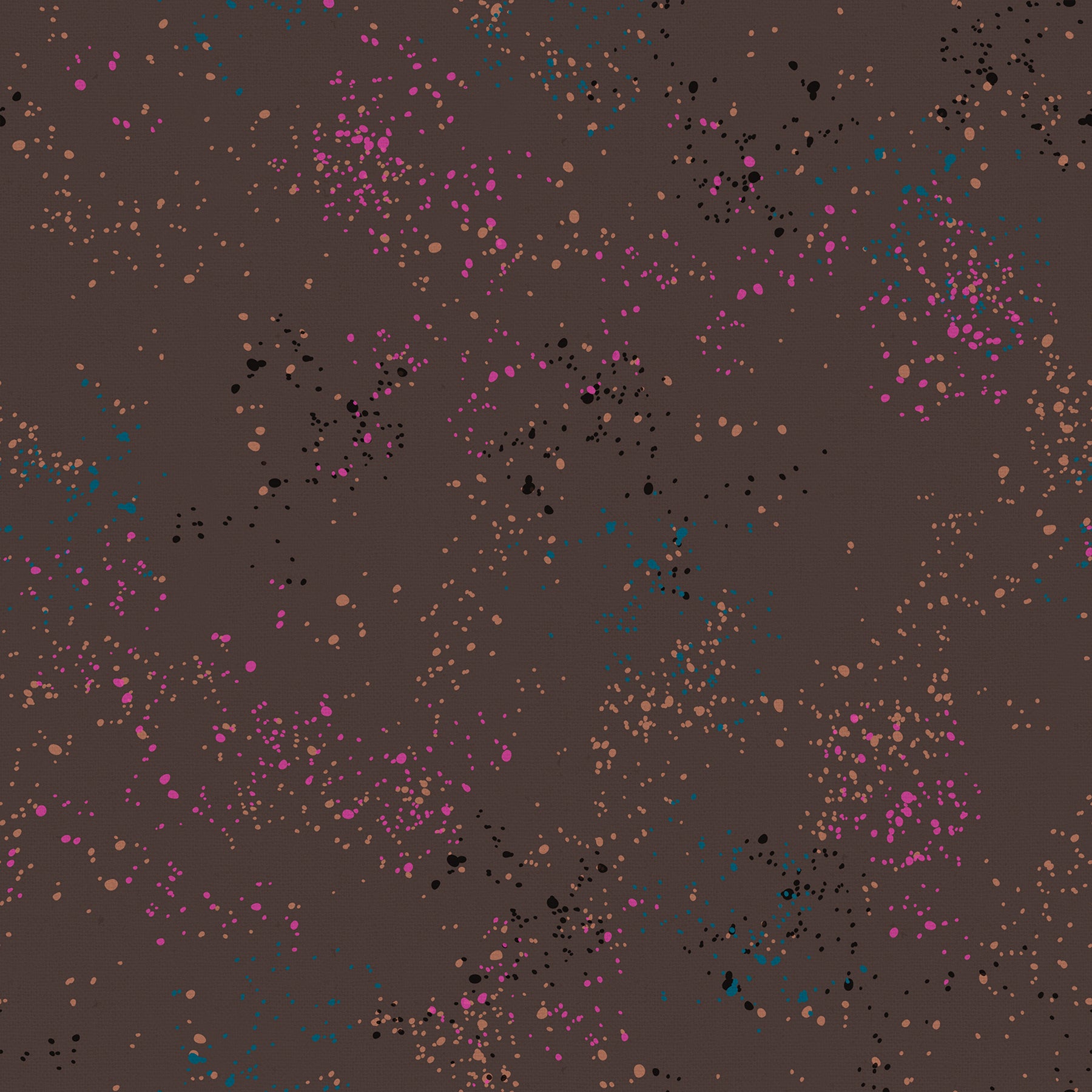 Ruby Star Society Speckled Splatter Paint Caviar cotton linen canvas featuring fuchsia, turquoise, black, and bronze paint splatters on a rich caviar brown background by Rashida Coleman-Hale for Moda Fabrics.