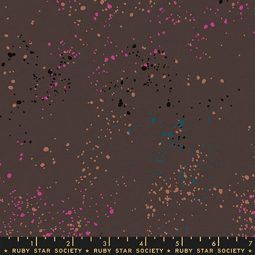 Ruby Star Society Speckled Splatter Paint Caviar cotton linen canvas featuring fuchsia, turquoise, black, and bronze paint splatters on a rich caviar brown background by Rashida Coleman-Hale for Moda Fabrics.