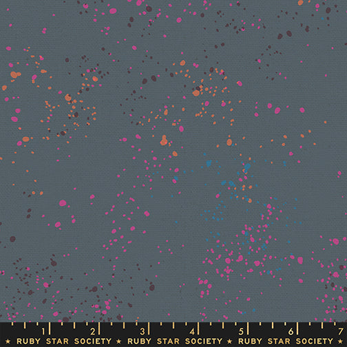 Ruby Star Society Speckled Splatter Paint Ghostly cotton linen canvas featuring fuchsia, turquoise, coral, charcoal, and gray paint splatters on a cool ghostly gray background by Rashida Coleman-Hale for Moda Fabrics.