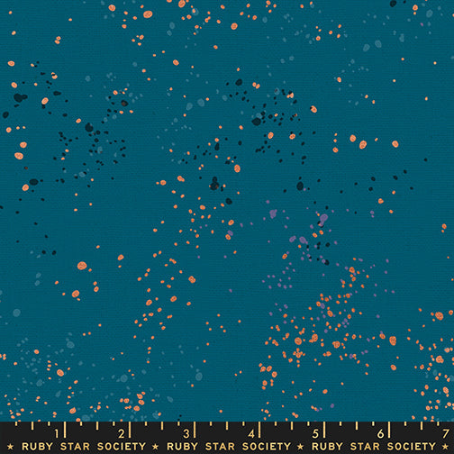 Ruby Star Society Speckled Splatter Paint Teal Metallic cotton linen canvas featuring metallic copper, black, gray, and lavender speckles on a vibrant teal background by Rashida Coleman-Hale for Moda Fabrics.