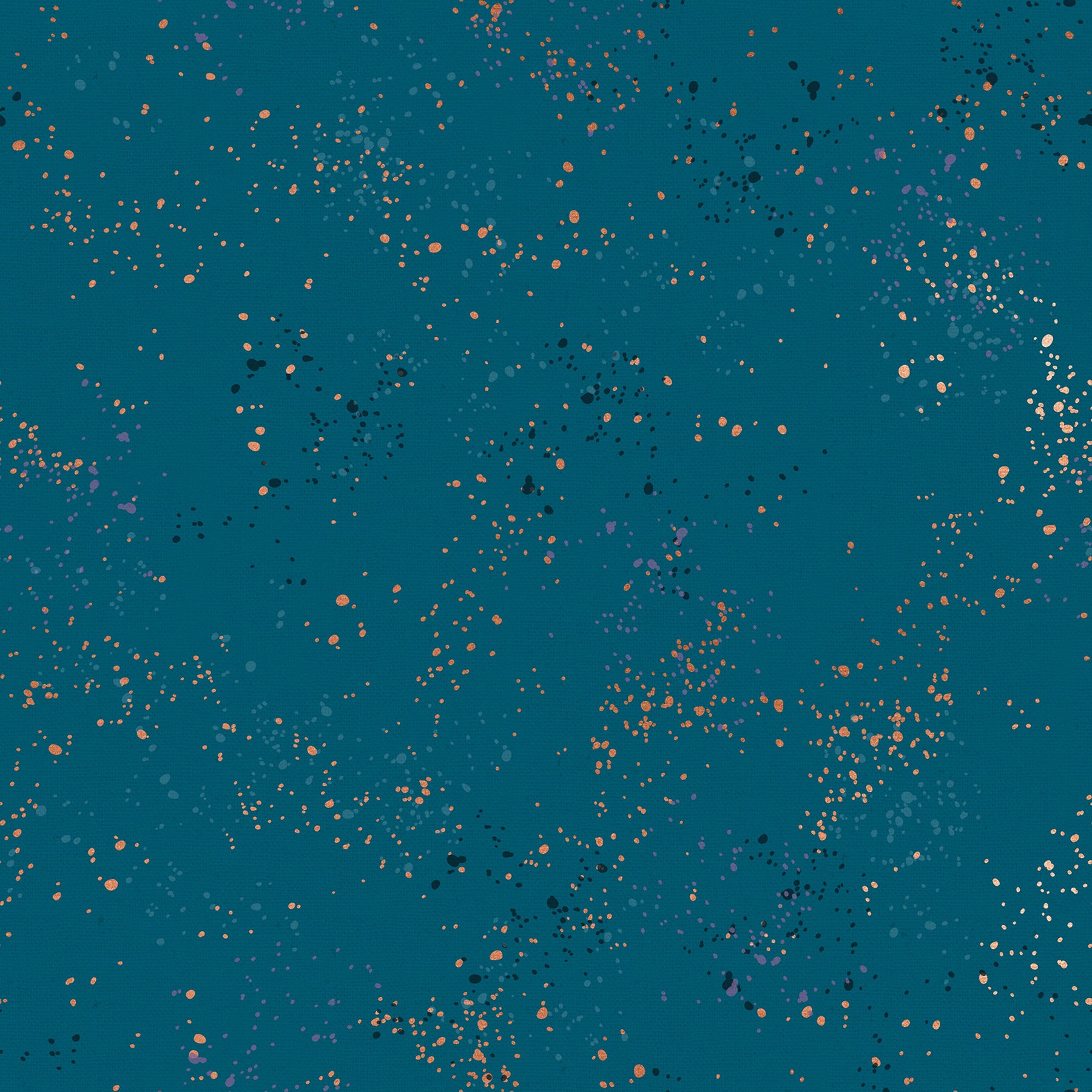 Ruby Star Society Speckled Splatter Paint Teal Metallic cotton linen canvas featuring metallic copper, black, gray, and lavender speckles on a vibrant teal background by Rashida Coleman-Hale for Moda Fabrics.