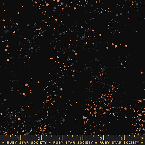 Ruby Star Society Speckled Splatter Paint Black Metallic cotton linen canvas featuring metallic copper, charcoal, and gray speckles on a black background by Rashida Coleman-Hale for Moda Fabrics.