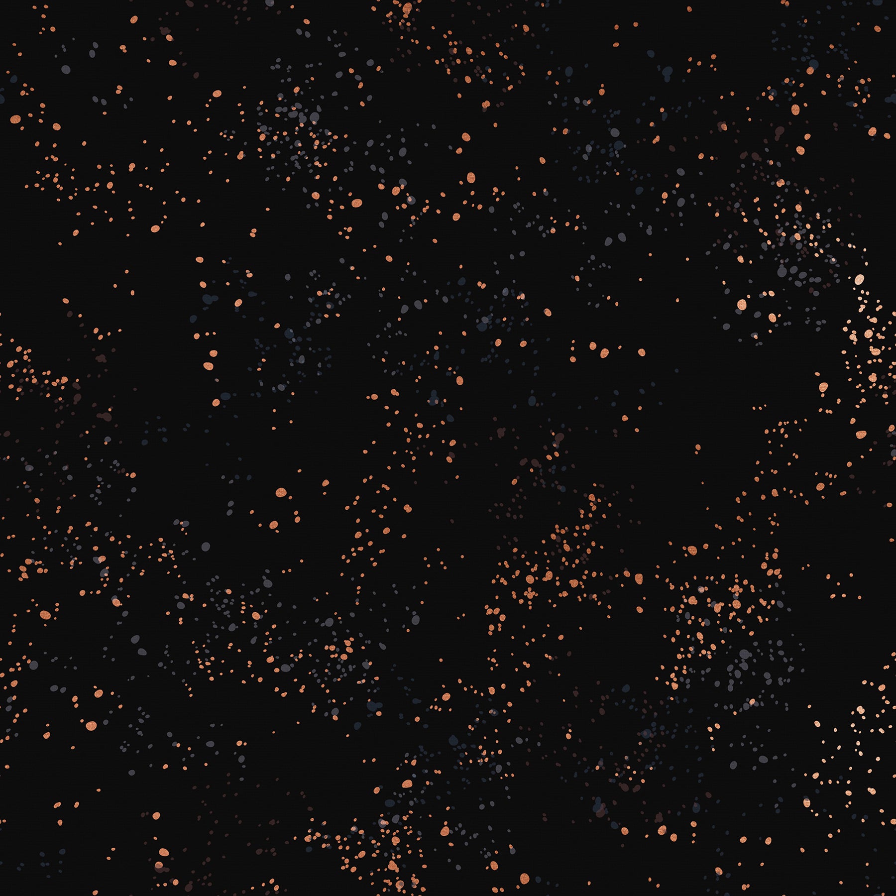 Ruby Star Society Speckled Splatter Paint Black Metallic cotton linen canvas featuring metallic copper, charcoal, and gray speckles on a black background by Rashida Coleman-Hale for Moda Fabrics.