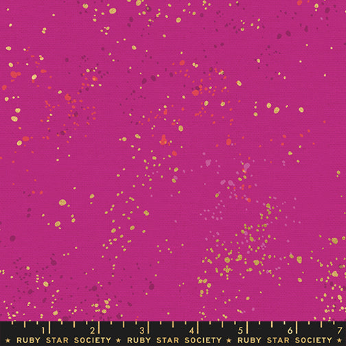 Ruby Star Society Speckled Splatter Paint Berry Metallic cotton linen canvas featuring metallic gold, coral, plum, and pink speckles on a vibrant berry background by Rashida Coleman-Hale for Moda Fabrics.