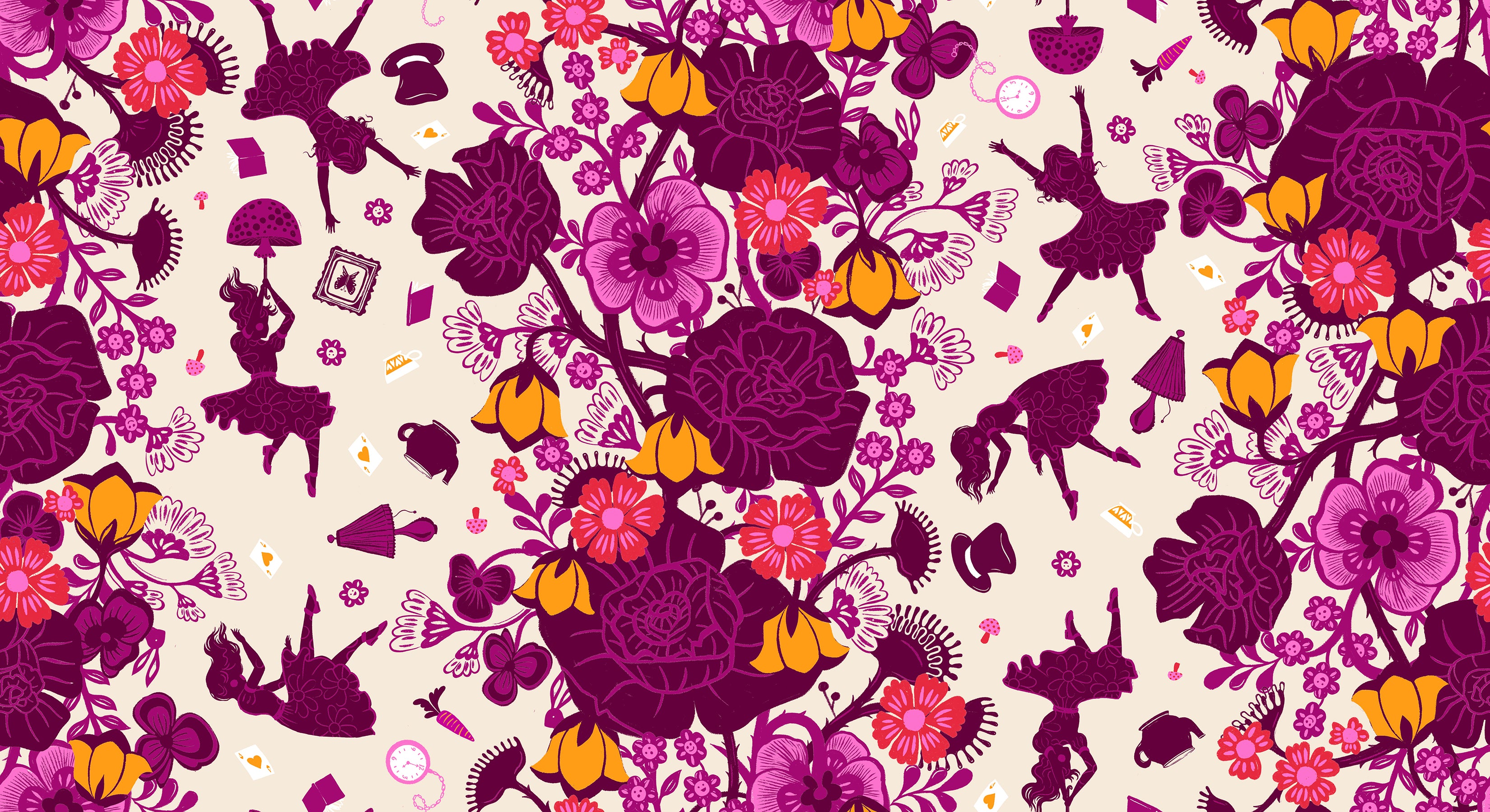 Hello Alice Damask Shell cotton fabric featuring magenta florals and Alice silhouettes on shell background.