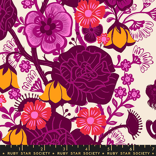 Hello Alice Damask Shell cotton fabric featuring magenta florals and Alice silhouettes on shell background.