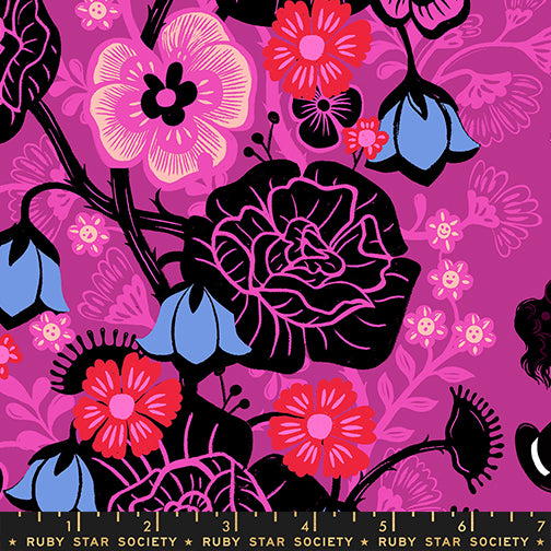 Hello Alice Damask Berry cotton fabric featuring black florals and Alice silhouettes on berry background.