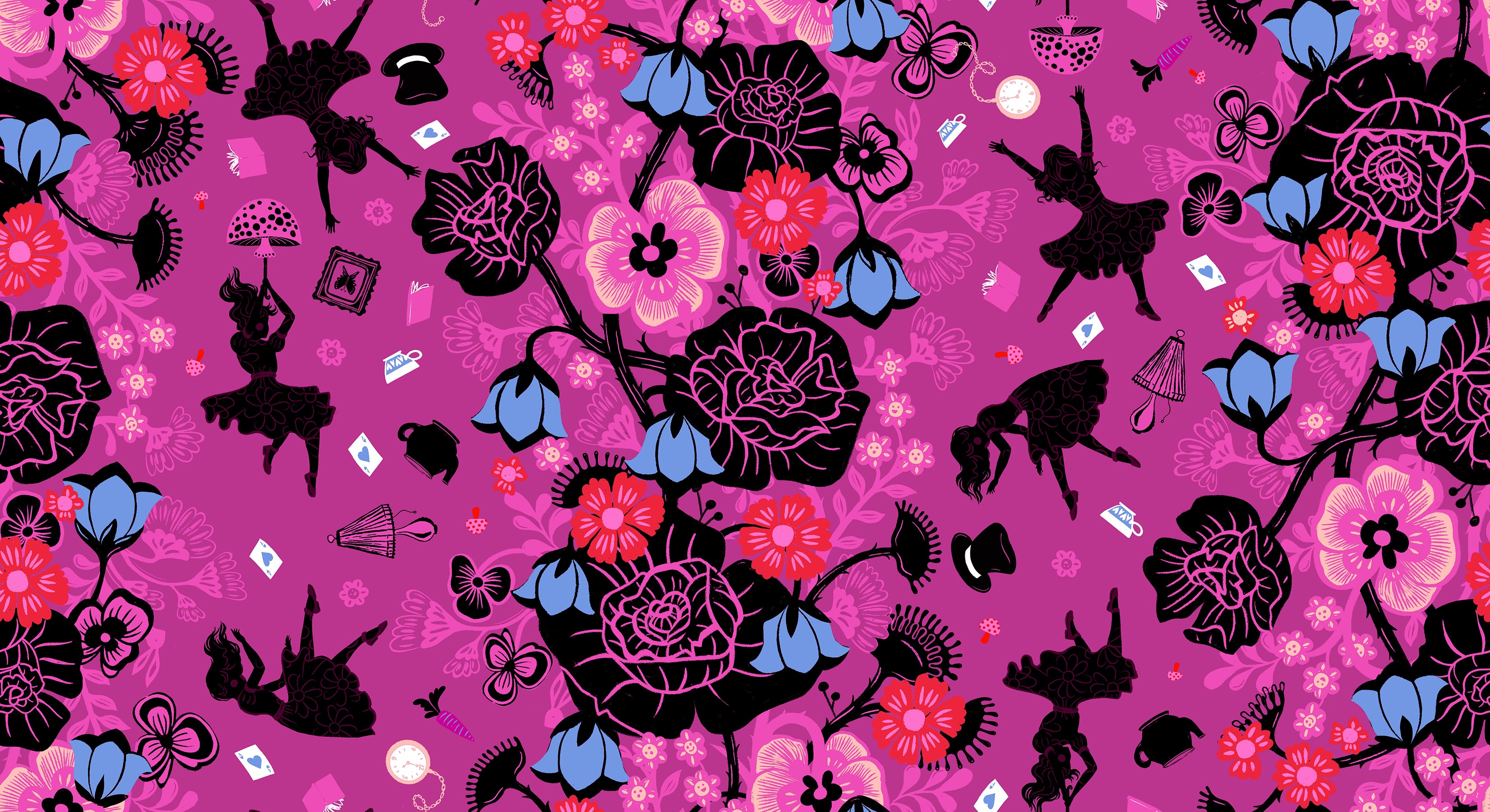 Hello Alice Damask Berry cotton fabric featuring black florals and Alice silhouettes on berry background.