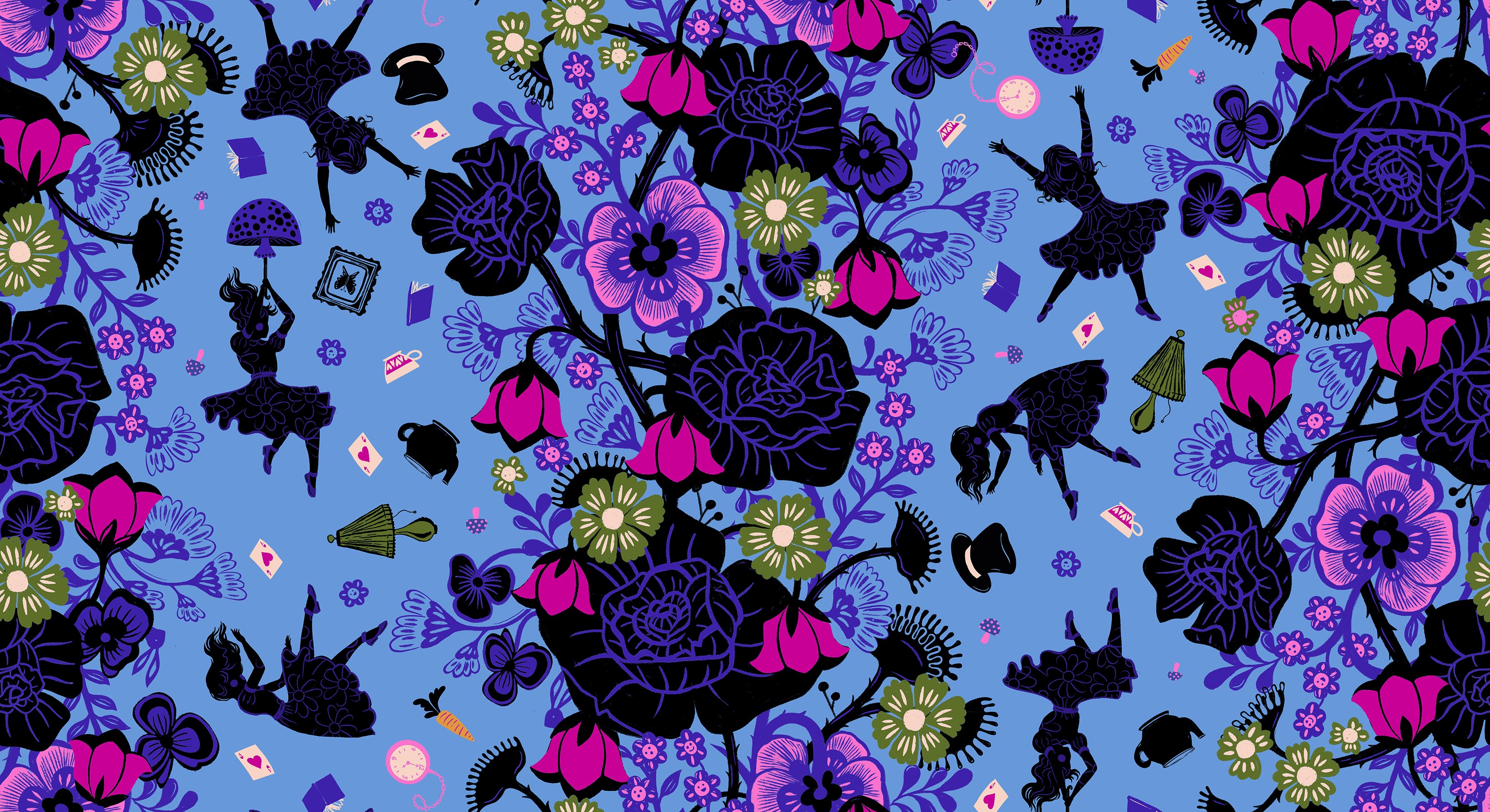 Hello Alice Damask Lindley Blue cotton fabric featuring black florals and Alice silhouettes on blue background.