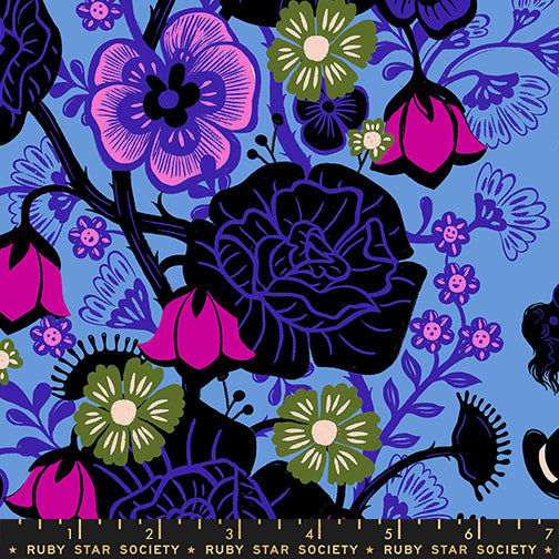 Hello Alice Damask Lindley Blue cotton fabric featuring black florals and Alice silhouettes on blue background.
