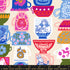 Hello Alice Teacup Shell cotton fabric featuring stacked colorful teacups with floral and Alice motifs.