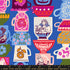 Hello Alice Teacup Blue Ribbon cotton fabric with stacked colorful teacups and Alice-inspired motifs.
