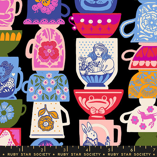 Hello Alice Teacup Black cotton fabric with stacked colorful teacups and Alice-inspired motifs on black background.