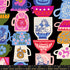Hello Alice Teacup Black cotton fabric with stacked colorful teacups and Alice-inspired motifs on black background.
