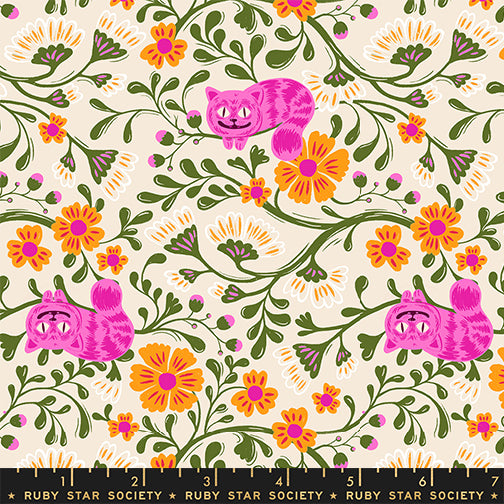 Hello Alice Cheshire Shell cotton fabric with pink Cheshire cats and orange floral vines on soft shell background.