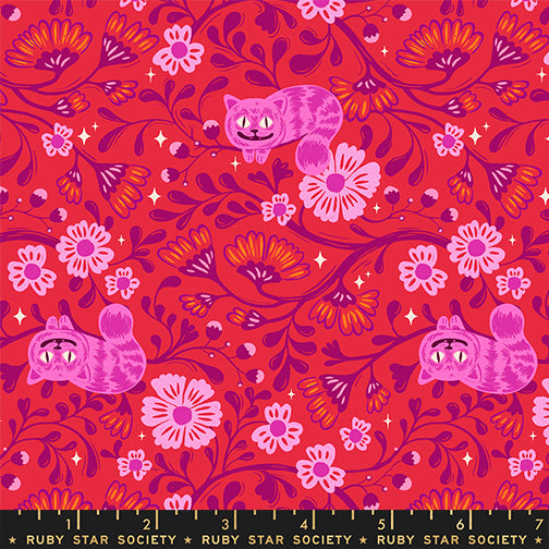 Hello Alice Cheshire Ruby cotton fabric with pink Cheshire cats and floral vines on rich ruby red background.