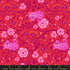 Hello Alice Cheshire Ruby cotton fabric with pink Cheshire cats and floral vines on rich ruby red background.