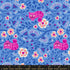 Hello Alice Cheshire Lindley Blue cotton fabric with pink Cheshire cats and floral vines on bright blue background.