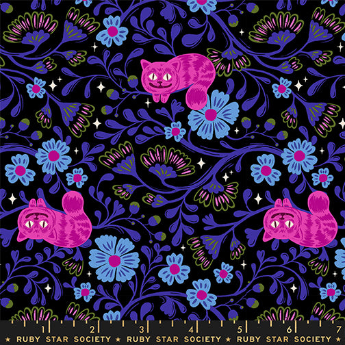 Hello Alice Cheshire Black cotton fabric with pink Cheshire cats and colorful floral vines on black background.