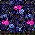Hello Alice Cheshire Black cotton fabric with pink Cheshire cats and colorful floral vines on black background.