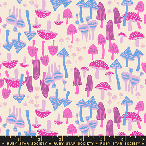 Hello Alice Mushroom Shell cotton fabric with pink and blue mushrooms on warm cream background.