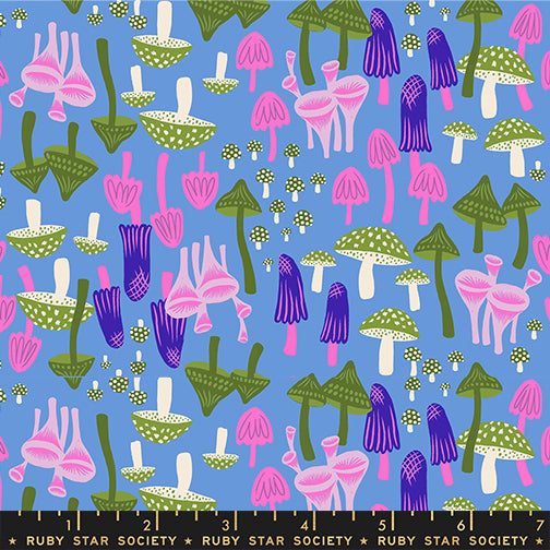 Hello Alice Mushroom Lindley Blue cotton fabric with pink and green mushrooms on bright blue background.