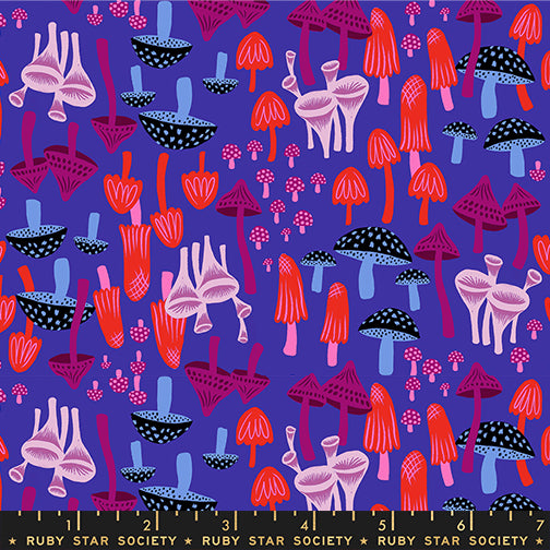 Hello Alice Mushroom Backlight cotton fabric with colorful mushrooms on vibrant purple background.