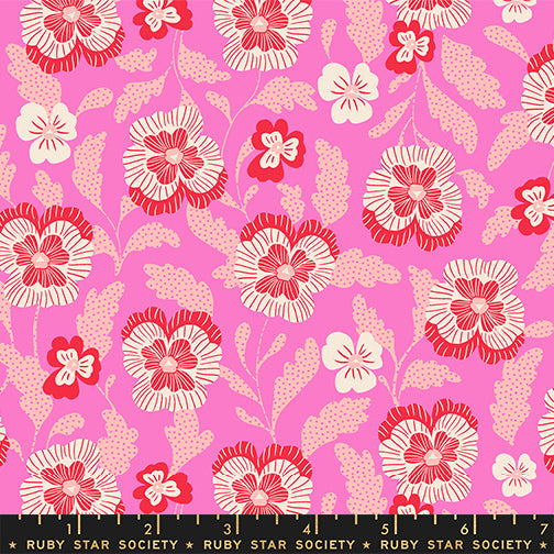 Red and cream floral fabric on lipstick pink background by Sarah Watts Ruby Star Society