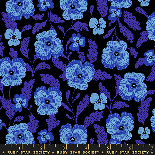 Blue floral fabric on black background by Sarah Watts Ruby Star Society