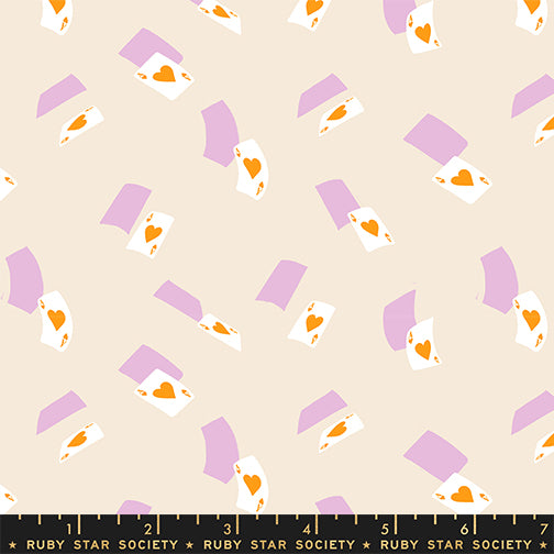 Shell fabric with scattered playing cards and orange hearts