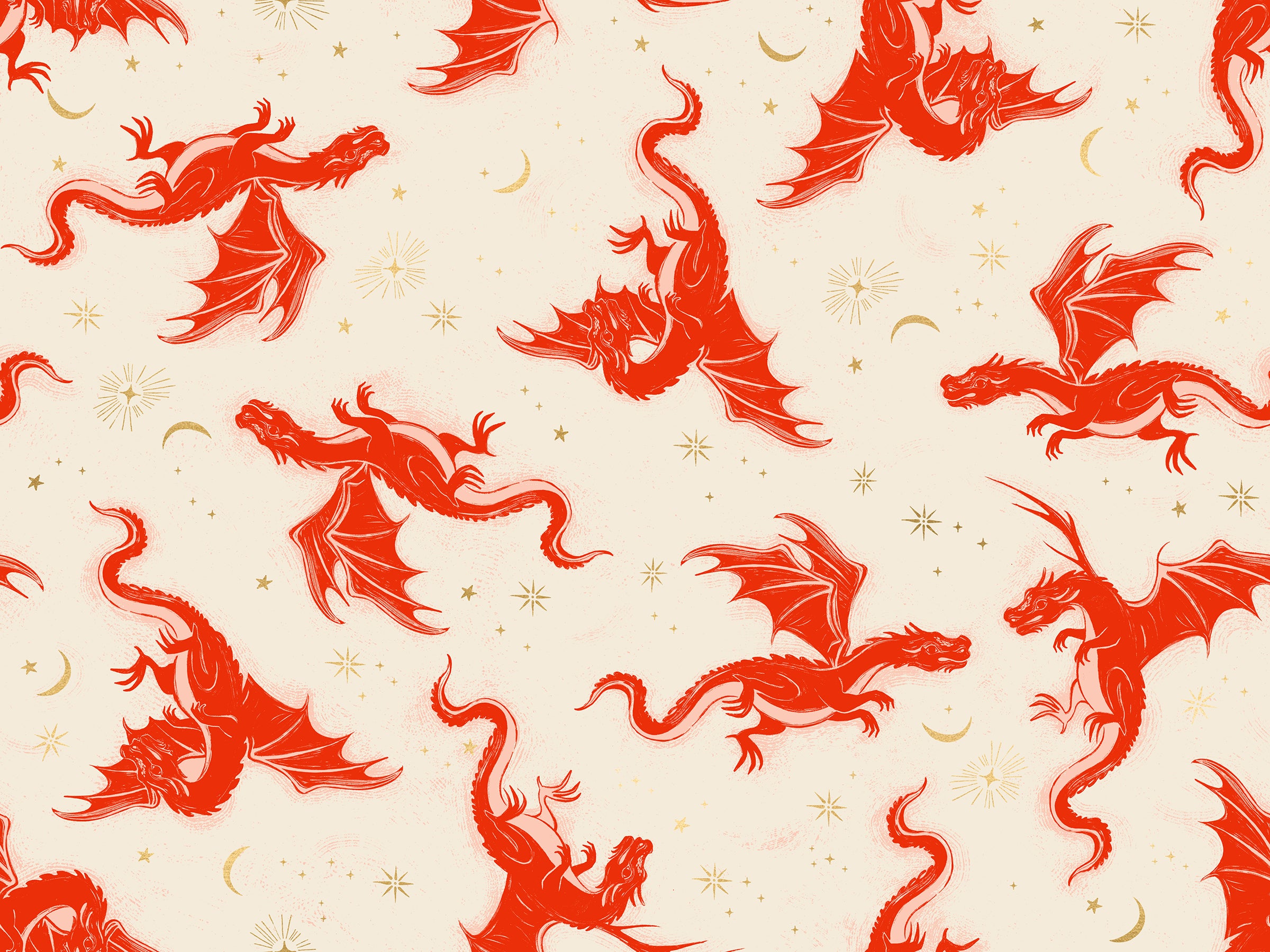Fireglow Etched Dragons Dark Ruby Metallic quilting cotton featuring ruby red dragons with metallic gold stars and moons on an ivory background by Sarah Watts for Ruby Star Society and Moda Fabrics.