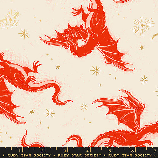 Fireglow Etched Dragons Dark Ruby Metallic quilting cotton featuring ruby red dragons with metallic gold stars and moons on an ivory background by Sarah Watts for Ruby Star Society and Moda Fabrics.