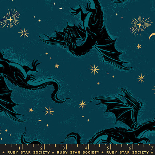Fireglow Etched Dragons Galaxy Metallic quilting cotton featuring black dragons with metallic gold stars and moons on a rich teal galaxy background by Sarah Watts for Ruby Star Society and Moda Fabrics.
