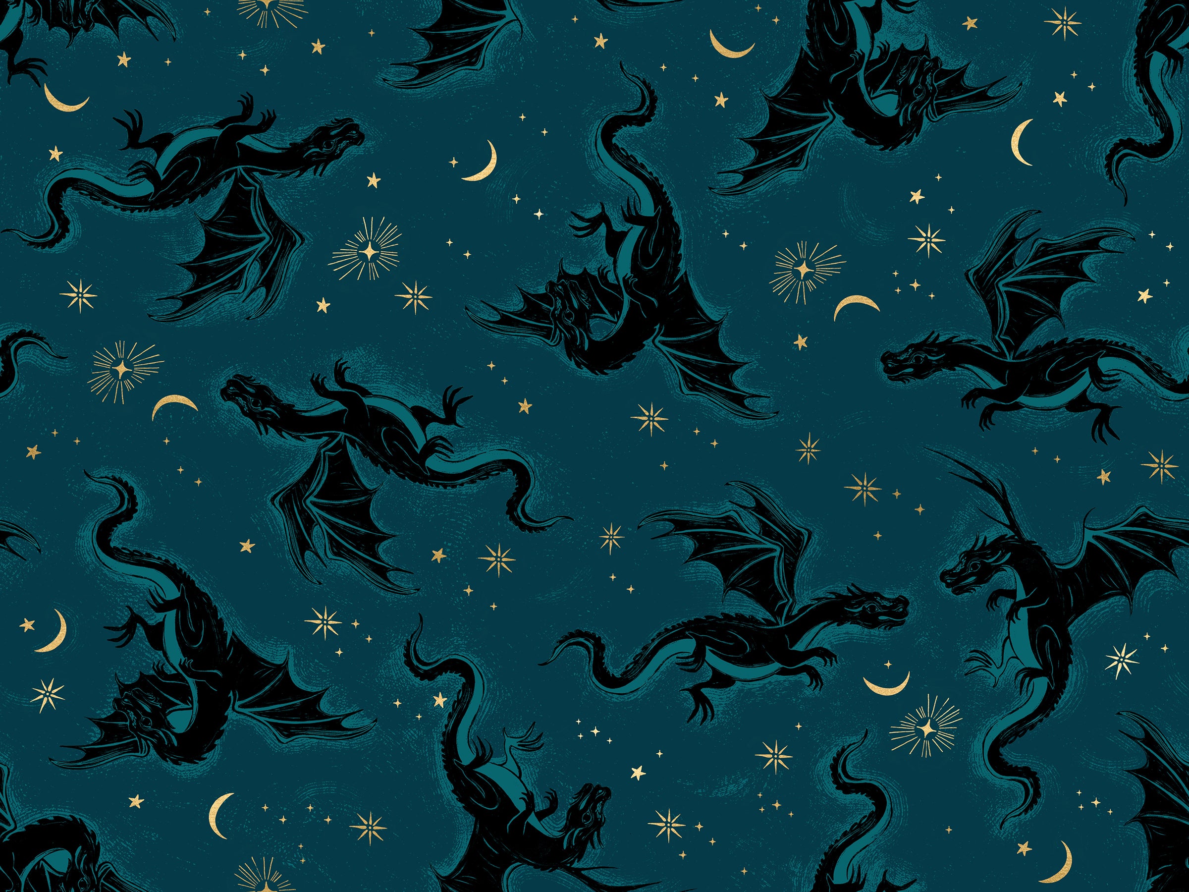 Fireglow Etched Dragons Galaxy Metallic quilting cotton featuring black dragons with metallic gold stars and moons on a rich teal galaxy background by Sarah Watts for Ruby Star Society and Moda Fabrics.