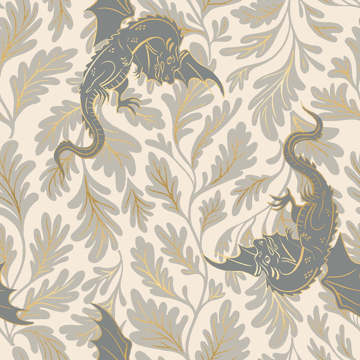 Fireglow Dragon Lair Oyster Metallic quilting cotton featuring gray dragons with metallic gold botanical vines on a warm oyster background by Sarah Watts for Ruby Star Society and Moda Fabrics.