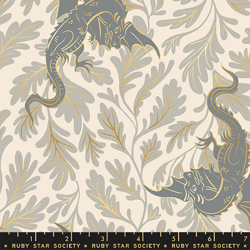 Fireglow Dragon Lair Oyster Metallic quilting cotton featuring gray dragons with metallic gold botanical vines on a warm oyster background by Sarah Watts for Ruby Star Society and Moda Fabrics.