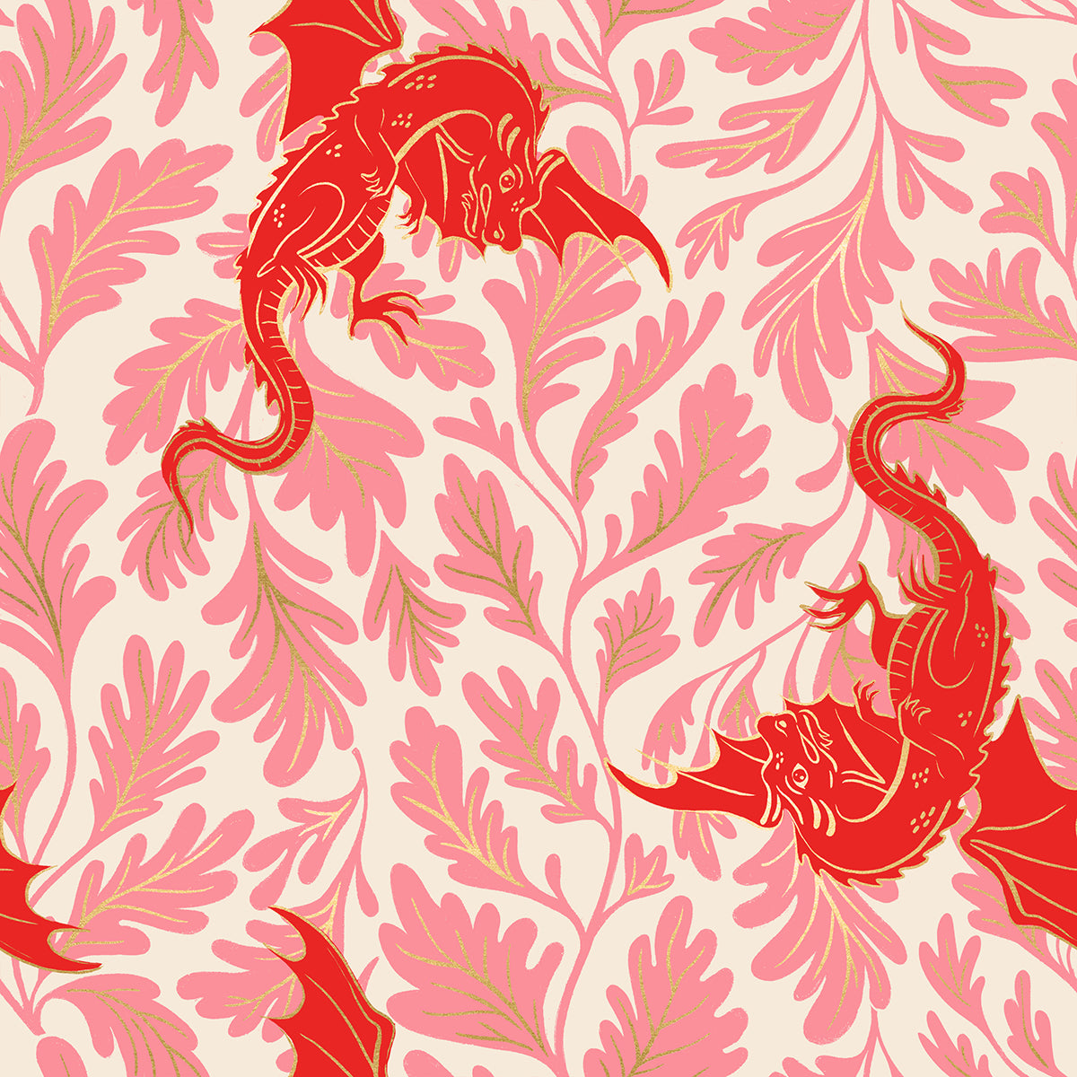 Fireglow Dragon Lair Dark Ruby Metallic quilting cotton featuring ruby red dragons with metallic gold botanical vines on a soft blush background by Sarah Watts for Ruby Star Society and Moda Fabrics.