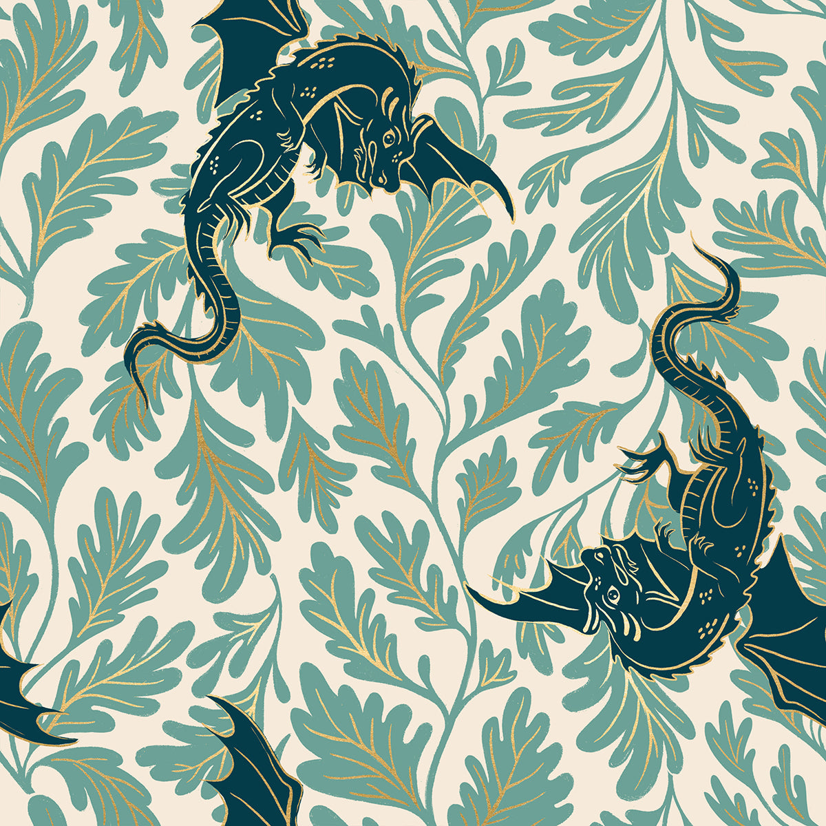Fireglow Dragon Lair Watercress Metallic quilting cotton featuring deep teal dragons with metallic gold botanical vines on a soft cream background by Sarah Watts for Ruby Star Society and Moda Fabrics.