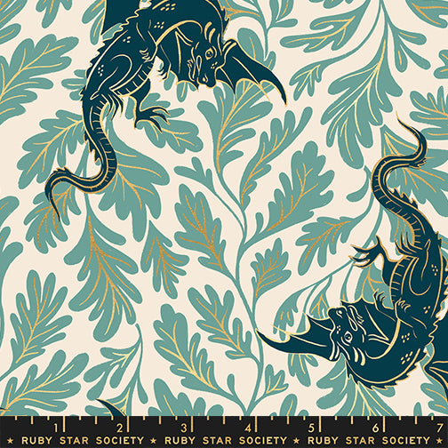 Fireglow Dragon Lair Watercress Metallic quilting cotton featuring deep teal dragons with metallic gold botanical vines on a soft cream background by Sarah Watts for Ruby Star Society and Moda Fabrics.