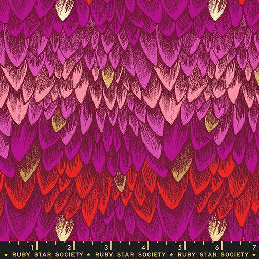 Fireglow Feathers Rose Metallic quilting cotton featuring layered magenta, rose, plum, and crimson feathers with shimmering metallic gold accents by Sarah Watts for Ruby Star Society and Moda Fabrics.