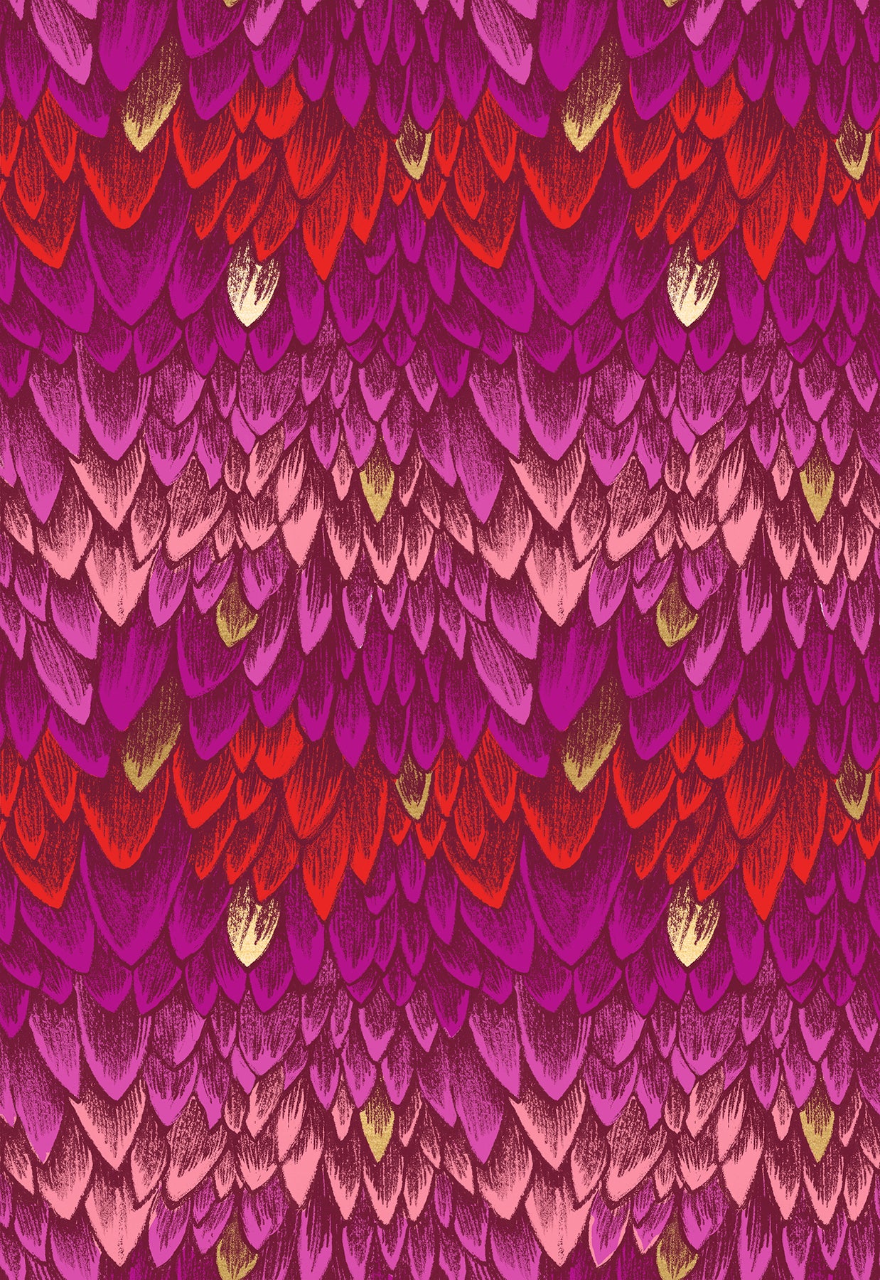 Fireglow Feathers Rose Metallic quilting cotton featuring layered magenta, rose, plum, and crimson feathers with shimmering metallic gold accents by Sarah Watts for Ruby Star Society and Moda Fabrics.