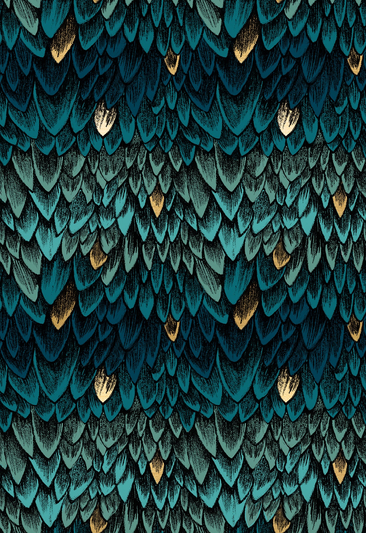 Fireglow Feathers Galaxy Metallic quilting cotton featuring layered teal, turquoise, and deep blue feathers with shimmering metallic gold accents by Sarah Watts for Ruby Star Society and Moda Fabrics.