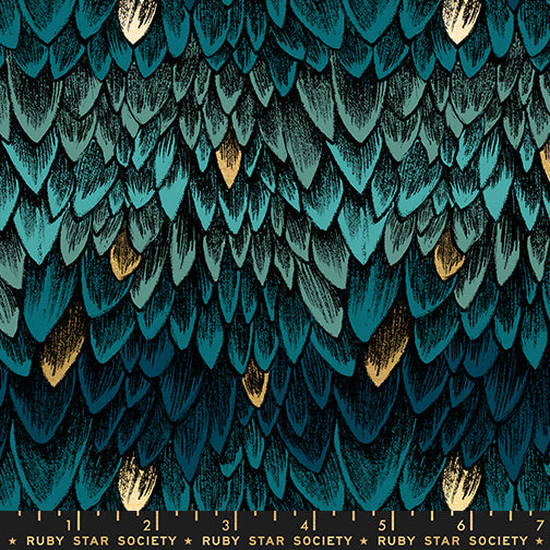 Fireglow Feathers Galaxy Metallic quilting cotton featuring layered teal, turquoise, and deep blue feathers with shimmering metallic gold accents by Sarah Watts for Ruby Star Society and Moda Fabrics.